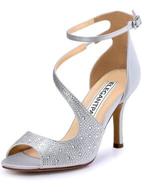 Women's Silver High Heels Sandals Cross Strappy Peep Toe Wedding Shoes Buckle
